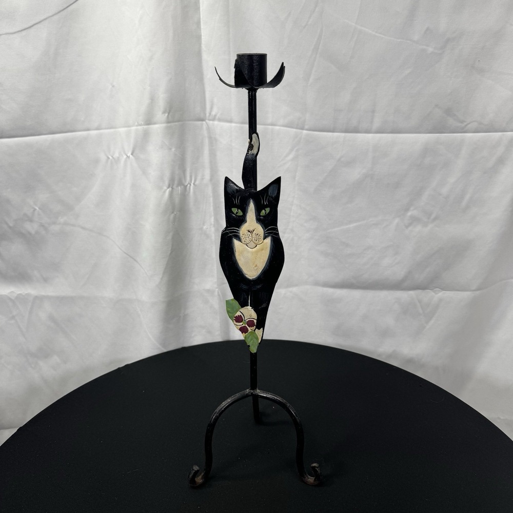 Vintage Black Cat With Green Eyes Metal Candle Stick Holder‎